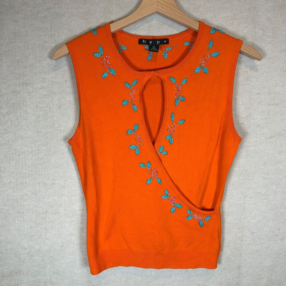 Hype Petite Orange Embroidered Floral Sleeveless Cardigan Sweater Y2K